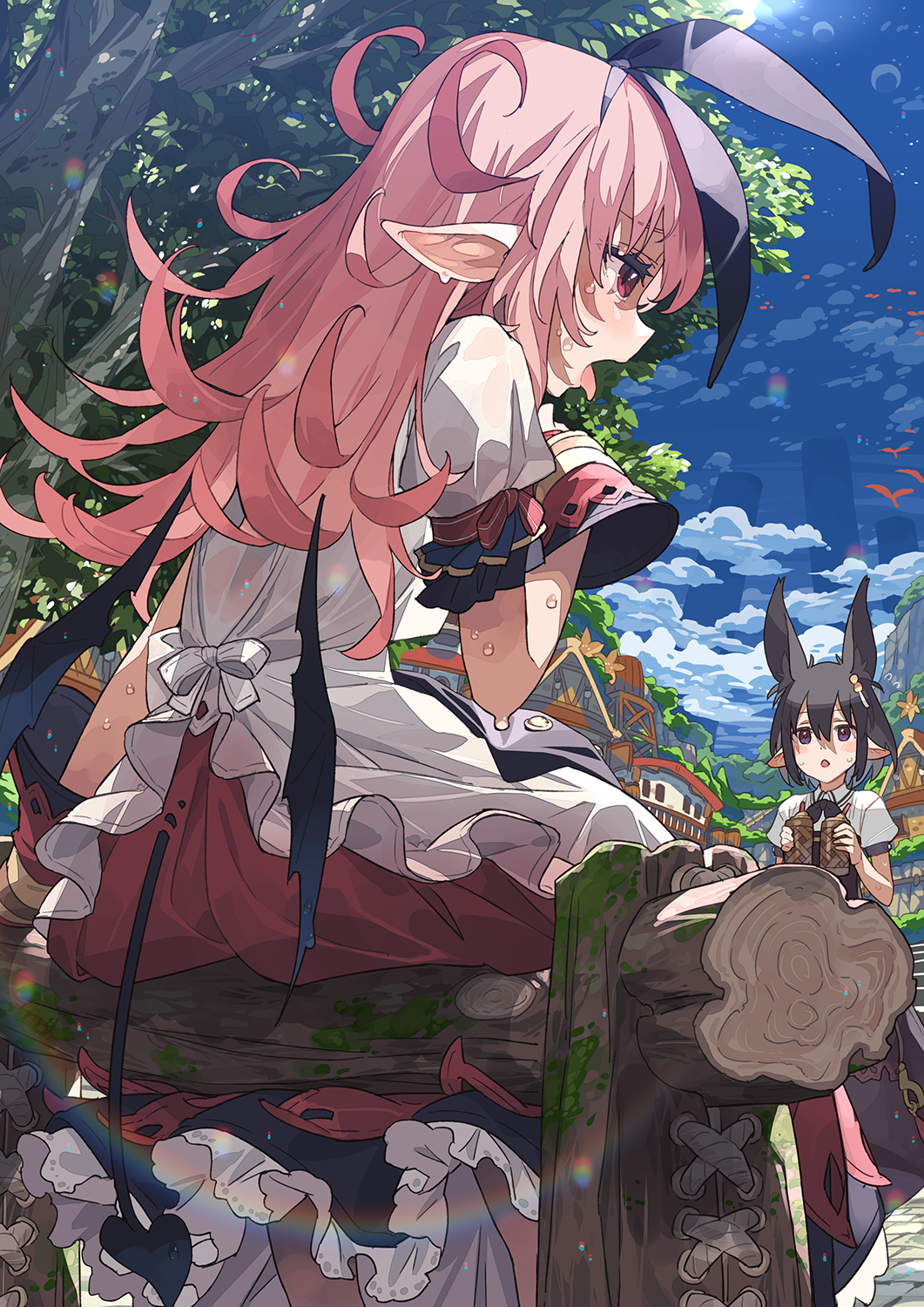 2girls animal animal_ear_fluff animal_ears binoculars bird black_neckwear blue_sky blush cloud cloudy_sky demon_girl demon_tail demon_wings dress dripping frilled_dress frills hair_between_eyes hair_ornament highres holding holding_binoculars house log long_hair low_wings mini_wings moon moss multiple_girls narumi_arata open_mouth original outdoors pink_hair pointy_ears puffy_sleeves purple_eyes rainbow recri_(narumi_arata) red_eyes short_hair silhouette sitting sky standing sweat tail tongue tongue_out tree wet wet_clothes wings