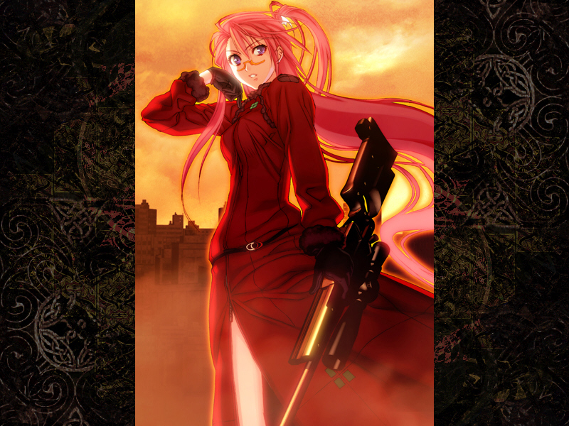 1girl bolt_action city female_focus game_cg gloves gun ignis_(jingai_makyou) jingai_makyou l96 long_hair nitroplus outdoors ponytail purple_eyes red_hair rifle sky sniper_rifle solo weapon zipper