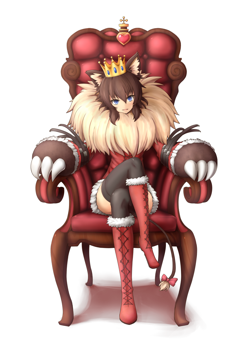 1girl animal_ears beauty_and_the_beast_(disney) blue_eyes boots bow brown_hair claws commentary_request crossed_legs crown female_focus full_body fur_trim lace-up_boots mane monster_girl original princess_royale sitting smile solo tail tail_bow tail_ornament transparent_background tyanbaku