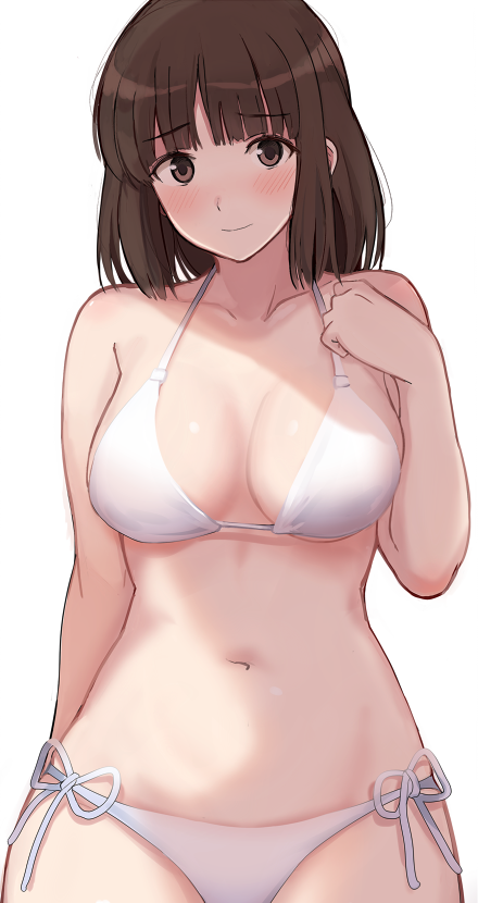 1girl amagami bare_shoulders bikini blunt_bangs blush breasts brown_eyes brown_hair cleavage closed_mouth collarbone cowboy_shot gluteal_fold halterneck large_breasts looking_at_viewer medium_hair mobu navel panties side-tie_bikini_bottom side-tie_panties simple_background smile solo stomach string_bikini swimsuit tanaka_keiko_(amagami) underwear white_background white_bikini