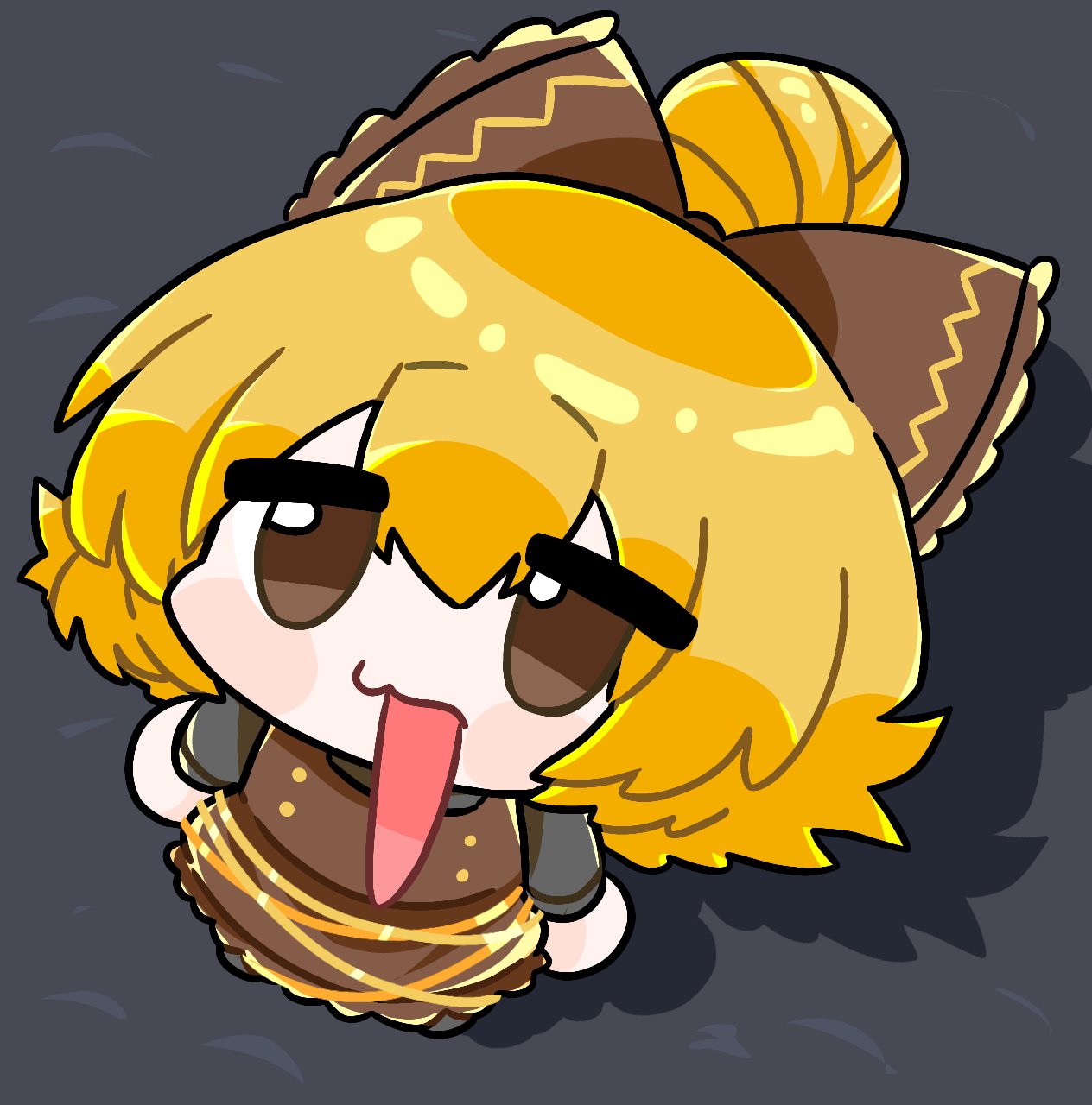 1girl black_shirt blonde_hair bow brown_bow brown_dress brown_eyes chibi dress full_body hair_bow hair_bun highres kurodani_yamame long_sleeves mouth_outside_face open_mouth ponytail priswocaer shadow shirt short_hair solo standing touhou