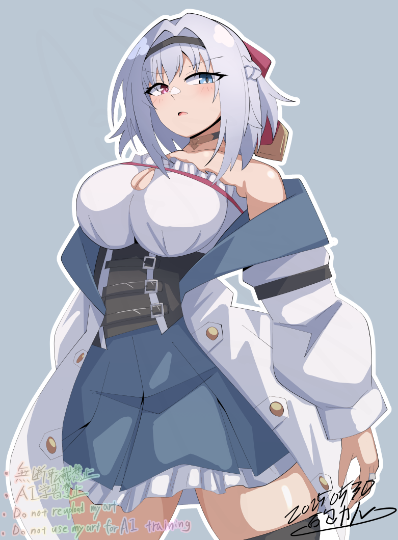 1girl arms_at_sides artist_name assault_lily bare_shoulders belt belt_buckle black_belt black_choker black_hairband black_thighhighs blue_eyes blue_skirt blush bow braid breasts buckle buttons choker cleavage cleavage_cutout clothing_cutout collarbone commentary_request corset cowboy_shot dated frilled_shirt frilled_skirt frills grey_background grey_hair hair_bow hairband half_up_braid heart heart_choker herensuge_girls_academy_school_uniform heterochromia ishitsuma_canon jacket jewelry large_breasts long_sleeves looking_at_viewer medium_hair miniskirt multiple_belts off_shoulder open_clothes open_jacket outline paid_reward_available parted_lips pendant_choker pink_eyes red_bow ring school_uniform shirt signature simple_background skirt solo strapless strapless_shirt thighhighs torii_miho underbust v-shaped_eyebrows watermark white_jacket white_outline white_shirt zettai_ryouiki