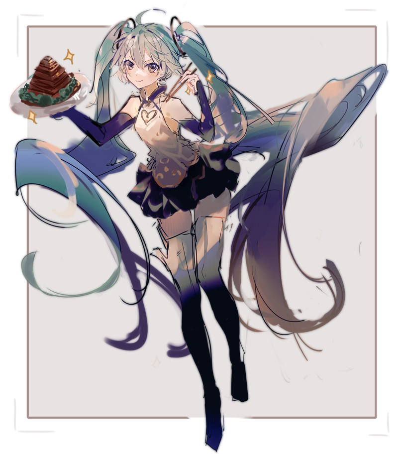 1girl :&gt; absurdly_long_hair aqua_hair bare_shoulders black_skirt black_sleeves black_thighhighs chinese_commentary chinese_food chopsticks cleavage_cutout clothing_cutout commentary detached_sleeves food food_art full_body gold_trim grey_background hair_ornament hands_up hatsune_miku hatsune_miku_(vocaloid4) hatsune_miku_(vocaloid4)_(chinese) heart heart_cutout holding holding_chopsticks holding_plate left-handed long_hair looking_at_viewer mamenomoto miniskirt pagoda plate pleated_skirt pork shirt skirt sleeveless sleeveless_shirt smile solo sparkle thighhighs twintails v-shaped_eyebrows very_long_hair vocaloid white_shirt zettai_ryouiki