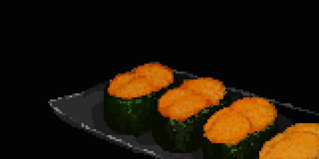 black_background fish_(food) food food_focus gunkanmaki hisachan55cute no_humans nori_(seaweed) original out_of_frame pixel_art plate sashimi scenery simple_background sushi