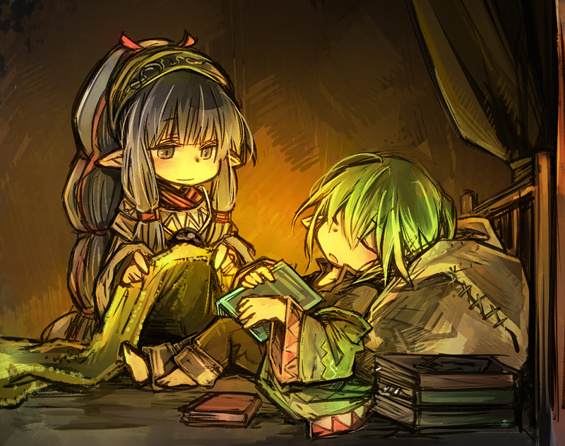 00s 1boy 1girl bad_id bad_pixiv_id bed black_hair book covering_with_blanket final_fantasy final_fantasy_xi fujiwara_akina karaha-baruha pointy_ears short_hair sleeping star_sibyl tarutaru