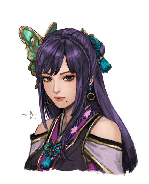 blunt_bangs brown_eyes butterfly_hair_ornament earrings eyeshadow hair_ornament japanese_clothes jewelry kimono lips lipstick long_hair makeup mitsuya mole mole_under_mouth nouhime purple_hair sengoku_musou sengoku_musou_5