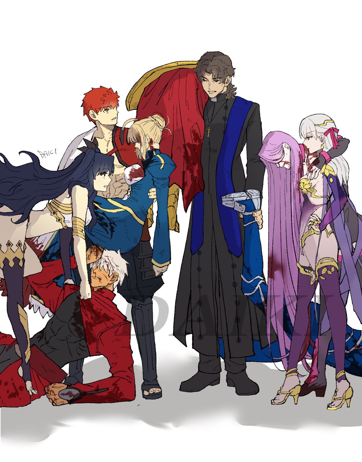 4girls 5boys archer_(fate) armor artoria_pendragon_(fate) black_hair blonde_hair blood blood_in_hair blood_on_breasts blood_on_clothes blood_on_face blood_on_hands blue_bodysuit bodysuit breasts crop_top cross cross_necklace cu_chulainn_(fate) cu_chulainn_(fate/stay_night) dark-skinned_male dark_skin dress emiya_shirou fate/grand_order fate/stay_night fate/zero fate_(series) gilgamesh_(fate) high_heel_sandals high_heels highres indian_clothes ishtar_(fate) japanese_clothes jewelry kama_(fate) kotomine_kirei large_breasts long_hair matou_sakura medium_breasts medium_hair medusa_(fate) medusa_(rider)_(fate) multiple_boys multiple_girls necklace priest purple_hair rasputin_(fate) red_eyes red_hair saber_(fate) sandals senji_muramasa_(fate) signature single_thighhigh syuugou_11 thighhighs toeless_legwear tohsaka_rin very_long_hair white_hair yellow_armor yellow_eyes