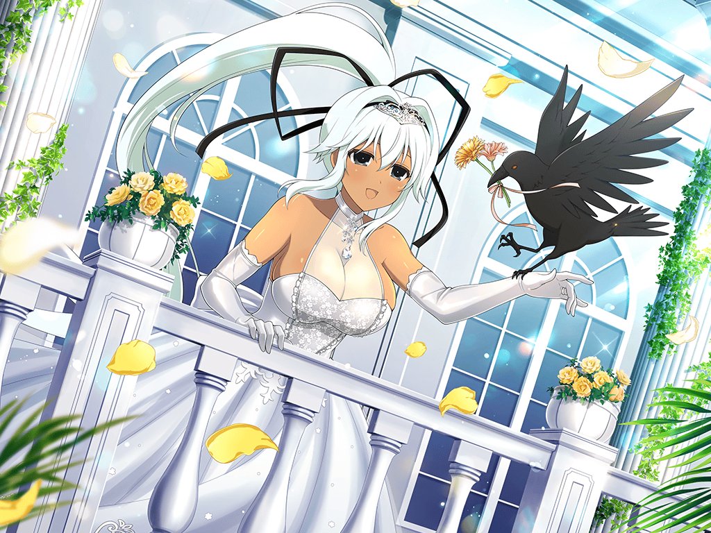 1girl animal arched_window balcony banister bare_shoulders bird black_eyes black_feathers black_ribbon blush body_blush bow breasts bridal_veil bride center_frills choker church cleavage collarbone crow dark-skinned_female dark_skin dress elbow_gloves falling_petals feathers fern floral_print floral_print_dress flower frilled_dress frills gloves hair_intakes hair_ornament hair_ribbon high_ponytail jewelry large_breasts lens_flare light_particles light_rays long_hair official_alternate_costume official_art open_mouth petals pillar pink_flower pink_ribbon plant ponytail potted_plant print_dress ribbon ring rose see-through_cleavage see-through_clothes senran_kagura senran_kagura_new_link senran_kagura_new_wave shiny_skin sidelocks solo sparkle sunbeam sunlight tiara tongue veil very_long_hair vines waist_bow wedding_dress wedding_ring white_bow white_choker white_dress white_gloves white_hair window yaegashi_nan yellow_flower yellow_rose yuuyaki_(senran_kagura)