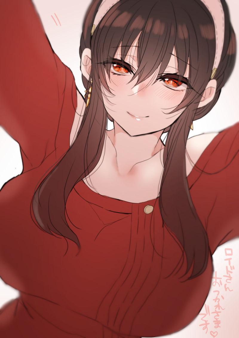 1girl arms_up bare_shoulders black_hair breasts collarbone commentary_request dress earrings hairband jewelry large_breasts leaning_forward long_hair mamemix pink_background red_eyes red_sweater short_hair_with_long_locks smile solo spy_x_family sweater sweater_dress upper_body yor_briar