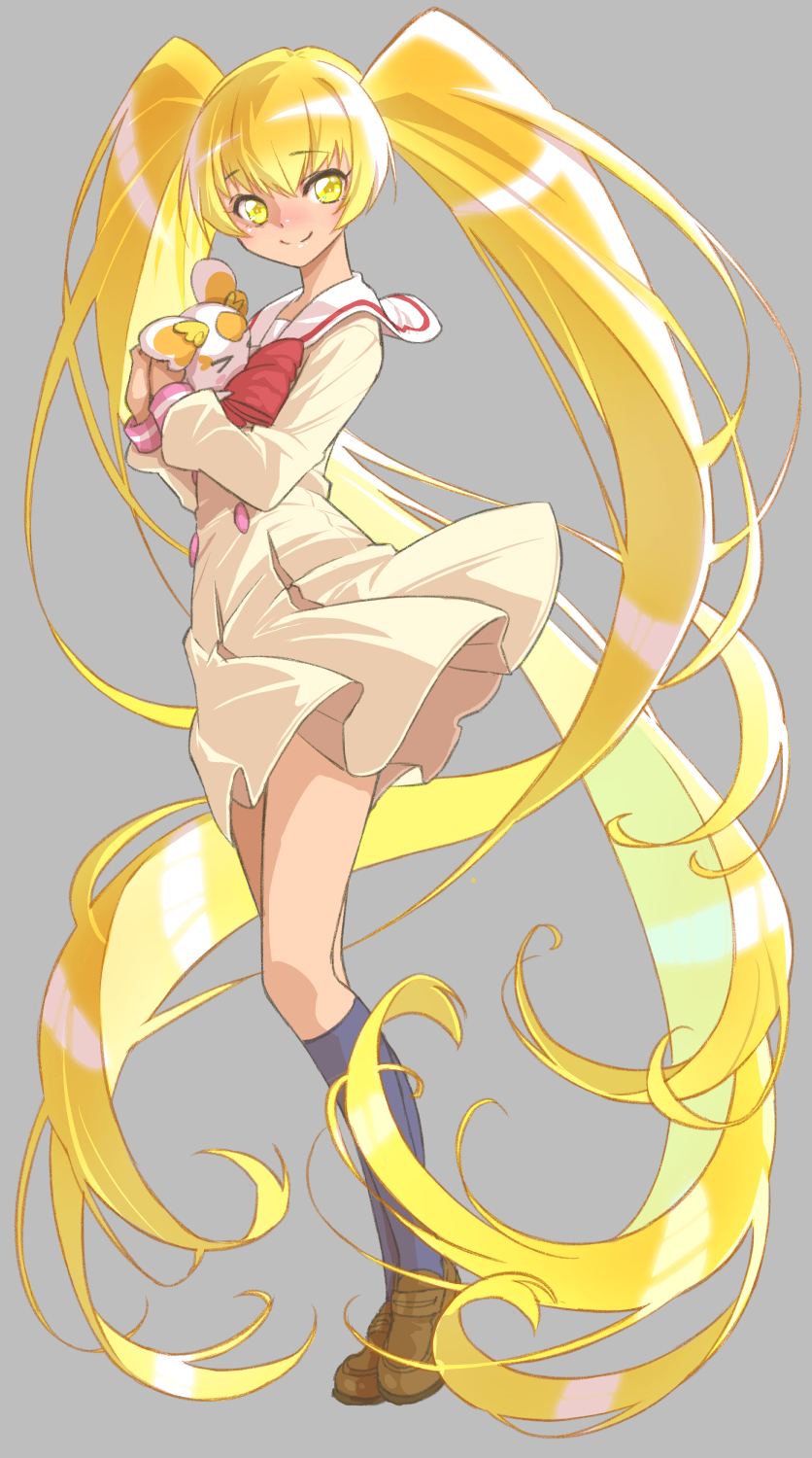 1girl absurdly_long_hair blonde_hair brown_shoes commentary_request cosplay cure_sunshine eyelashes grey_background happy heartcatch_precure! highres jj_(ssspulse) long_hair looking_at_viewer magical_girl myoudou_gakuen_middle_school_uniform myoudouin_itsuki myoudouin_itsuki_(cosplay) potpourri_(heartcatch_precure!) precure school_uniform self_cosplay shoes simple_background smile socks solo standing twintails very_long_hair yellow_eyes