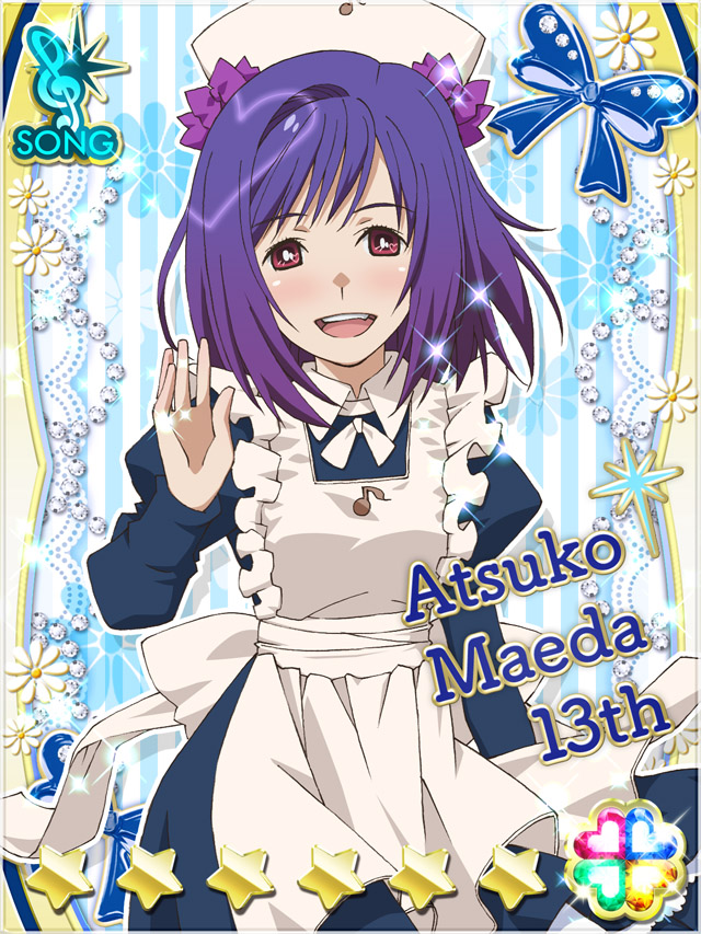 1girl :d akb0048 apron blue_dress card_(medium) character_name cowboy_shot dress flower frilled_apron frills hat heart long_sleeves looking_at_viewer maeda_atsuko_(akb0048) medium_hair non-web_source nurse nurse_cap official_art open_mouth purple_eyes purple_hair smile solo sparkle standing star_(symbol) striped_background teeth treble_clef upper_teeth_only vertical-striped_background white_apron white_flower white_hat