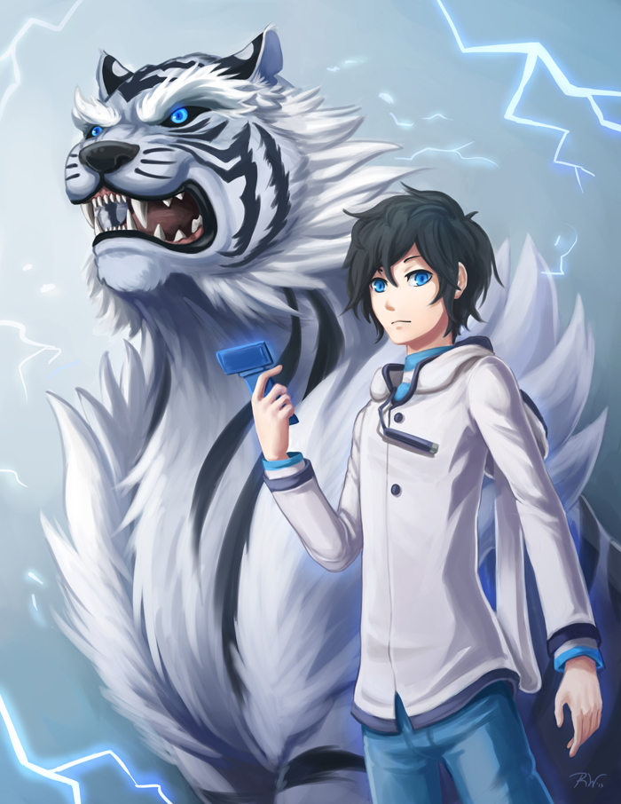 10s 1boy black_hair blue_eyes byakko_(megami_tensei) cellphone demon_(megami_tensei) devil_survivor_(series) devil_survivor_2 electricity facing_viewer fur hood hoodie jacket kuze_hibiki looking_at_viewer open_mouth pants phone protagonist_(devil_survivor_2) shin_megami_tensei short_hair white_hair