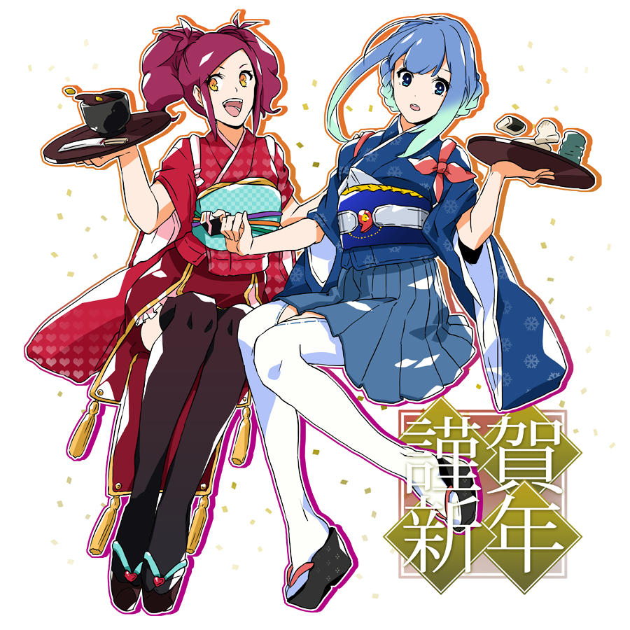 2girls blue_eyes blue_hair capcom e.x._troopers food hakama hakama_skirt heart heart_print japanese_clothes juli_(e.x._troopers) kana_toco legs lost_planet multicolored_hair multiple_girls obi plate platform_footwear red_hair sash sidelocks skirt smile snowflake_print thighhighs thighs tiki_(e.x._troopers) twintails yellow_eyes