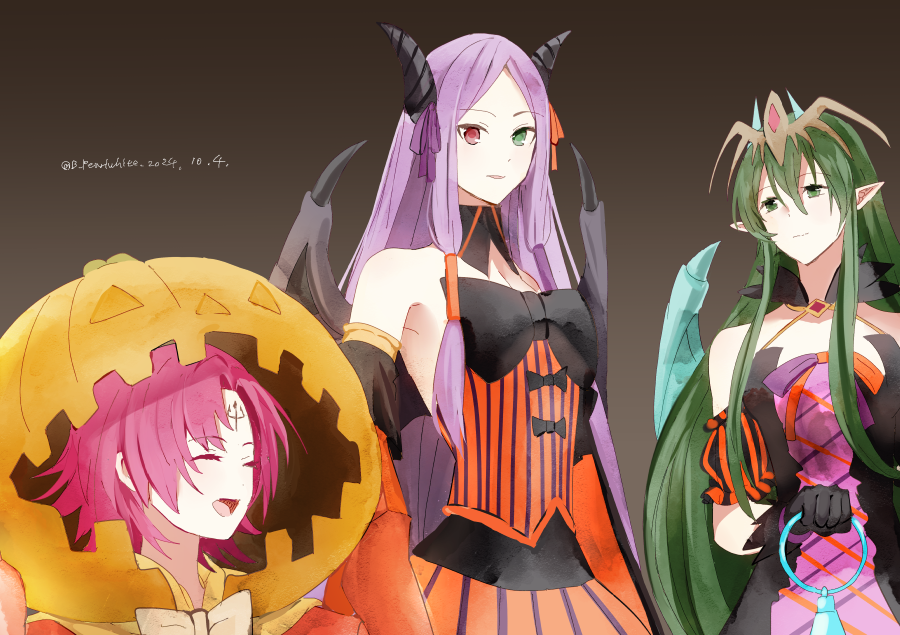3girls :d ^_^ black_bow black_gloves bow brown_background closed_eyes commentary_request dated facial_mark fae_(fire_emblem) fire_emblem fire_emblem:_shadow_dragon fire_emblem:_the_binding_blade fire_emblem_heroes forehead_mark gloves green_eyes halloween_costume heterochromia horns idunn_(fire_emblem) idunn_(halloween)_(fire_emblem) long_hair medium_hair multiple_girls nagi_(fire_emblem) nagi_(halloween)_(fire_emblem) nintendo official_alternate_costume open_mouth pink_hair pointy_ears purple_hair red_eyes shoochiku_bai smile