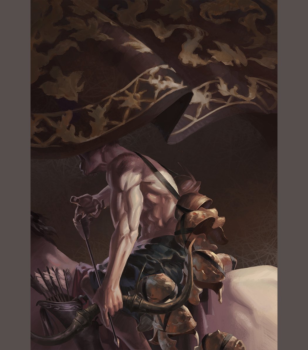 1boy archery arrow_(projectile) banner battle_standard bow_(weapon) commentary conquest_(book_of_revelation) delarave english_commentary helmet holding holding_weapon horse horseback_archery horseback_riding riding shouting solo the_bible topless_female topless_male war_banner weapon white_horse