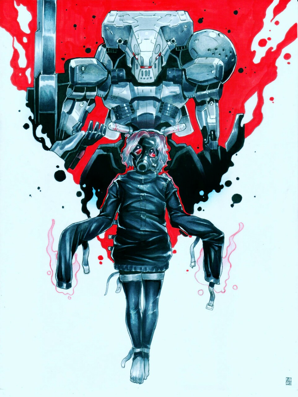 1boy absolum_art anklet barefoot blue_background blue_theme cannon gas_mask highres ink_(medium) jewelry long_sleeves looking_at_viewer machinery magnetic_weapon male_focus mask mecha metal_gear_(series) metal_gear_sahelanthropus metal_gear_solid_v:_the_phantom_pain monochrome psycho_mantis railgun robot signature simple_background sleeves_past_wrists solo spot_color straitjacket sweater thighhighs traditional_media tretji_rebenok very_long_sleeves weapon