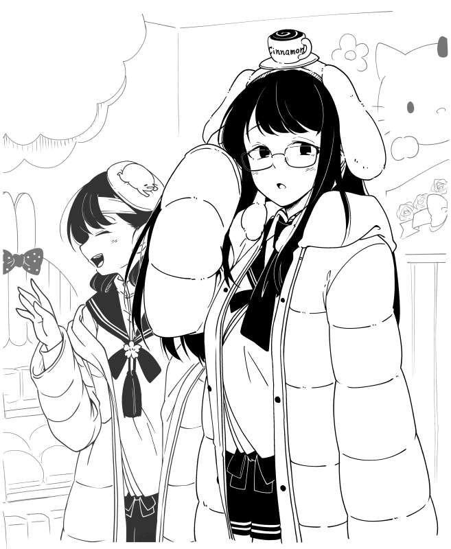 2girls akashi_(kancolle) animal_ears blush closed_eyes coat fujinoki_(horonabe-ken) glasses greyscale gudetama hair_ornament hat hello_kitty hello_kitty_(character) kantai_collection long_hair long_sleeves monochrome multiple_girls ooyodo_(kancolle) open_mouth sailor_collar sanrio school_uniform serafuku skirt sleeves_past_fingers sleeves_past_wrists