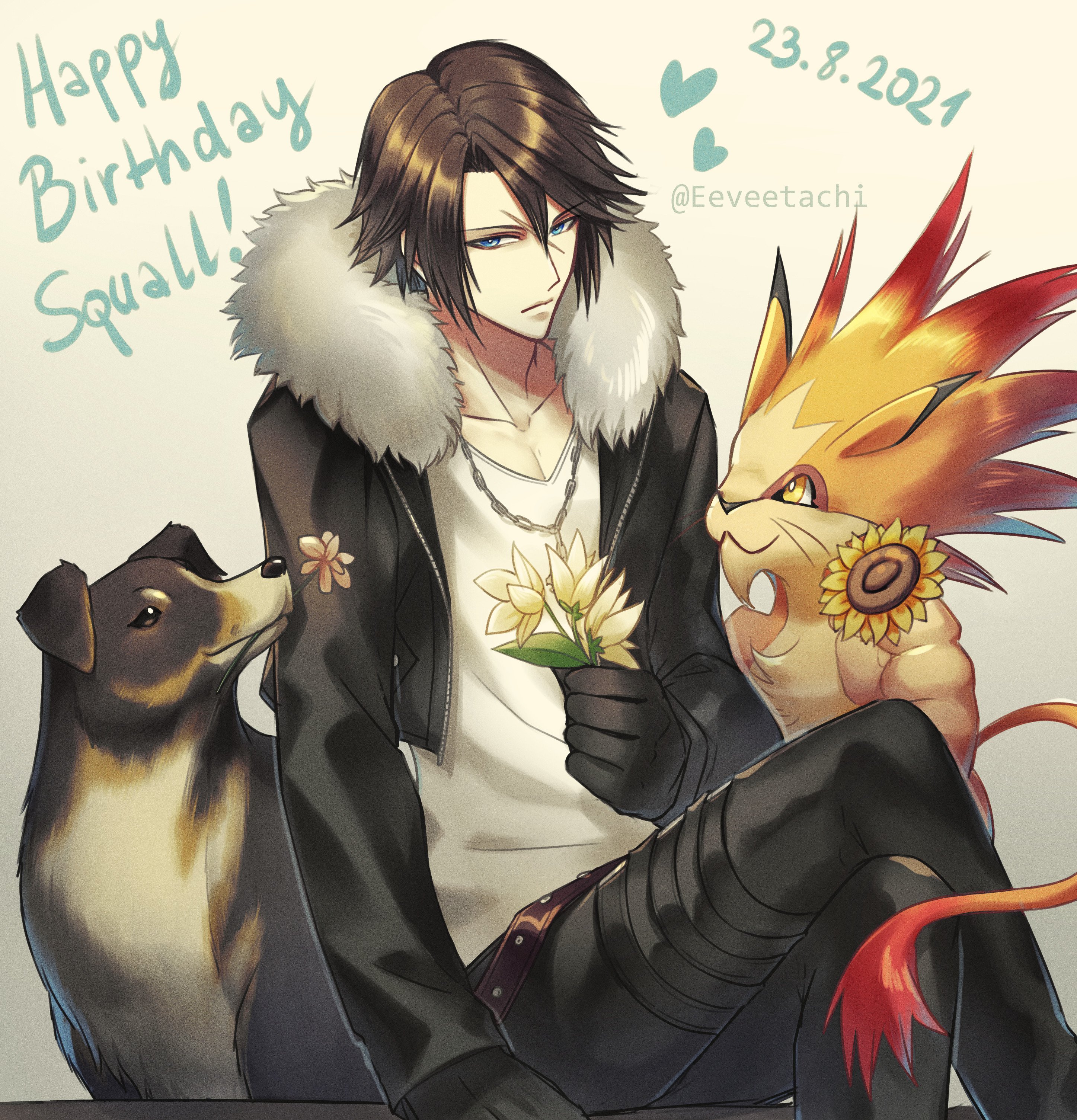 1boy :3 absurdres angelo_(ff8) belt black_fur black_gloves black_jacket blue_eyes brown_eyes brown_hair cat chain chain_necklace character_name commentary cropped_jacket crossed_legs dated dog eeveetachi expressionless final_fantasy final_fantasy_viii flower flower_in_mouth fur-trimmed_jacket fur_trim gloves gradient_background hand_up happy_birthday heart highres holding holding_flower jacket jewelry long_sleeves looking_to_the_side male_focus moomba necklace open_clothes open_jacket red_fur scar scar_on_face shirt short_hair sitting smile squall_leonhart studded_belt sunflower thigh_strap twitter_username v-neck whiskers white_flower white_shirt yellow_background yellow_eyes yellow_flower