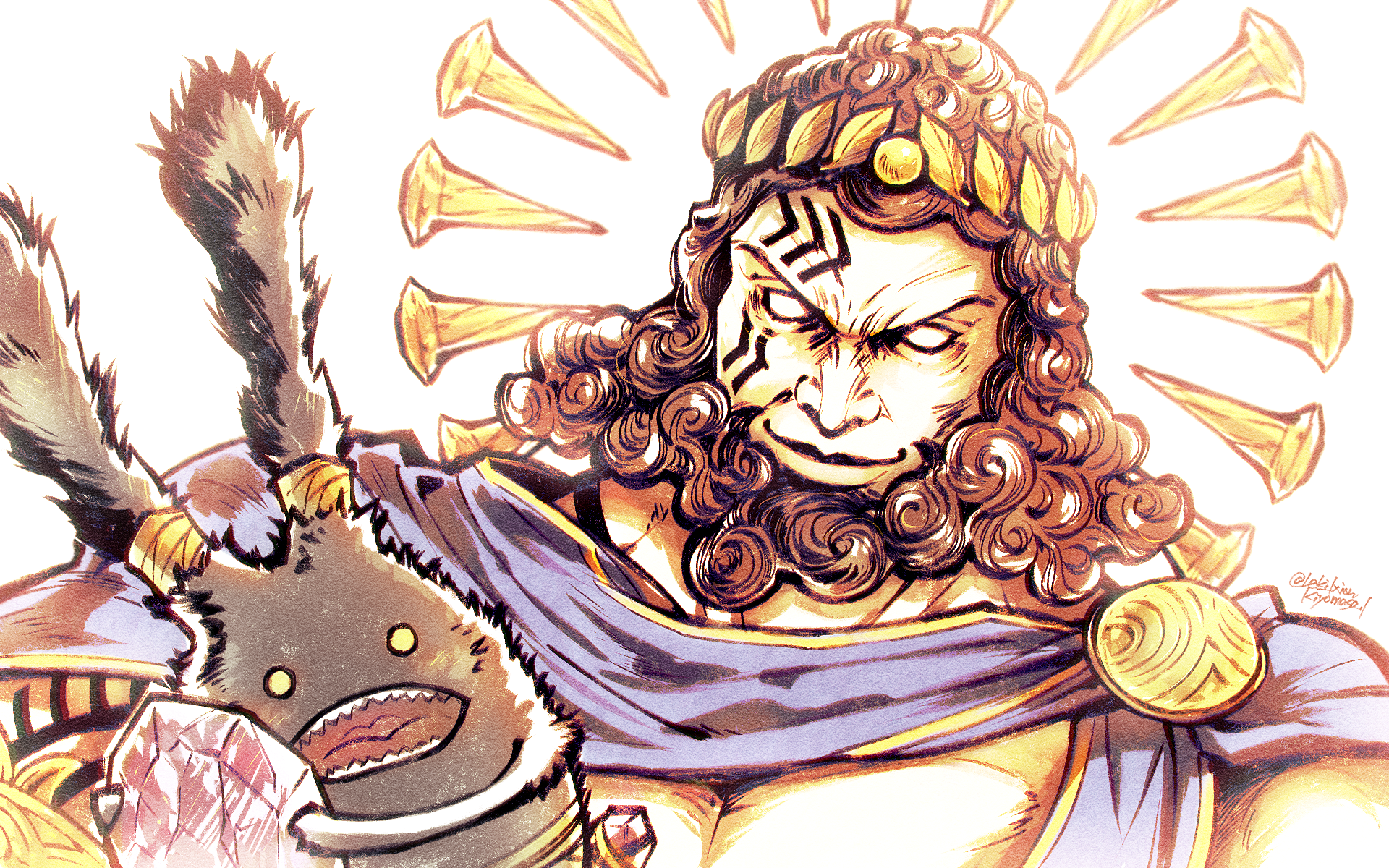 1boy bare_pectorals beard byregot facial_hair facial_tattoo final_fantasy final_fantasy_xiv highres large_pectorals laurel_crown leki_ixion male_focus muscular muscular_male pectorals smile solo spriggan_(final_fantasy) tattoo upper_body