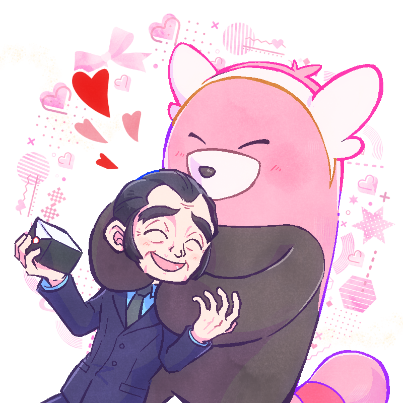 1boy aqua_shirt bewear black_hair black_jacket blush closed_eyes commentary_request formal_clothes gen_7_pokemon grey_necktie heart holding hug jacket long_sleeves male_focus mature_male necktie nintendo open_mouth pokemon pokemon_(creature) pokemon_sv shirt short_hair smile snacksworth_(pokemon) suit teo175ani thick_eyebrows wrinkled_skin