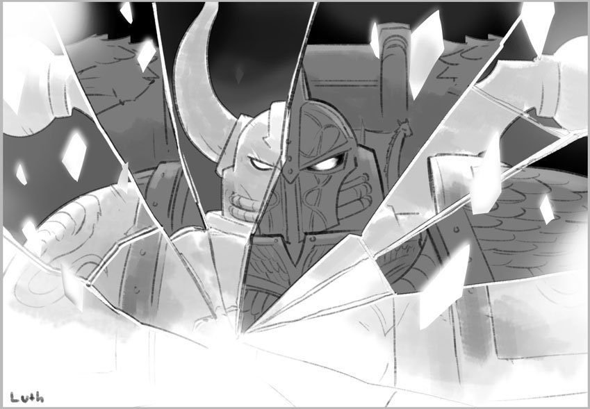 adeptus_astartes alpha_legion armor chaos_space_marine fake_horns greyscale helmet horned_helmet horns lutherniel monochrome pauldrons power_armor shattered shoulder_armor warhammer_40k