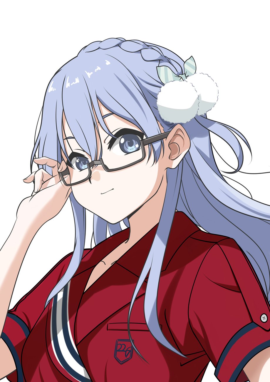 1girl 22/7 adjusting_eyewear black-framed_eyewear blue_eyes blue_hair bow braid closed_mouth collarbone dress glasses hair_bow highres light_blue_hair long_hair looking_at_viewer looking_to_the_side maruyama_akane matsubokkurin227 nani_mo_shiteagerarenai rectangular_eyewear red_dress semi-rimless_eyewear short_sleeves single_braid solo striped_bow under-rim_eyewear upper_body