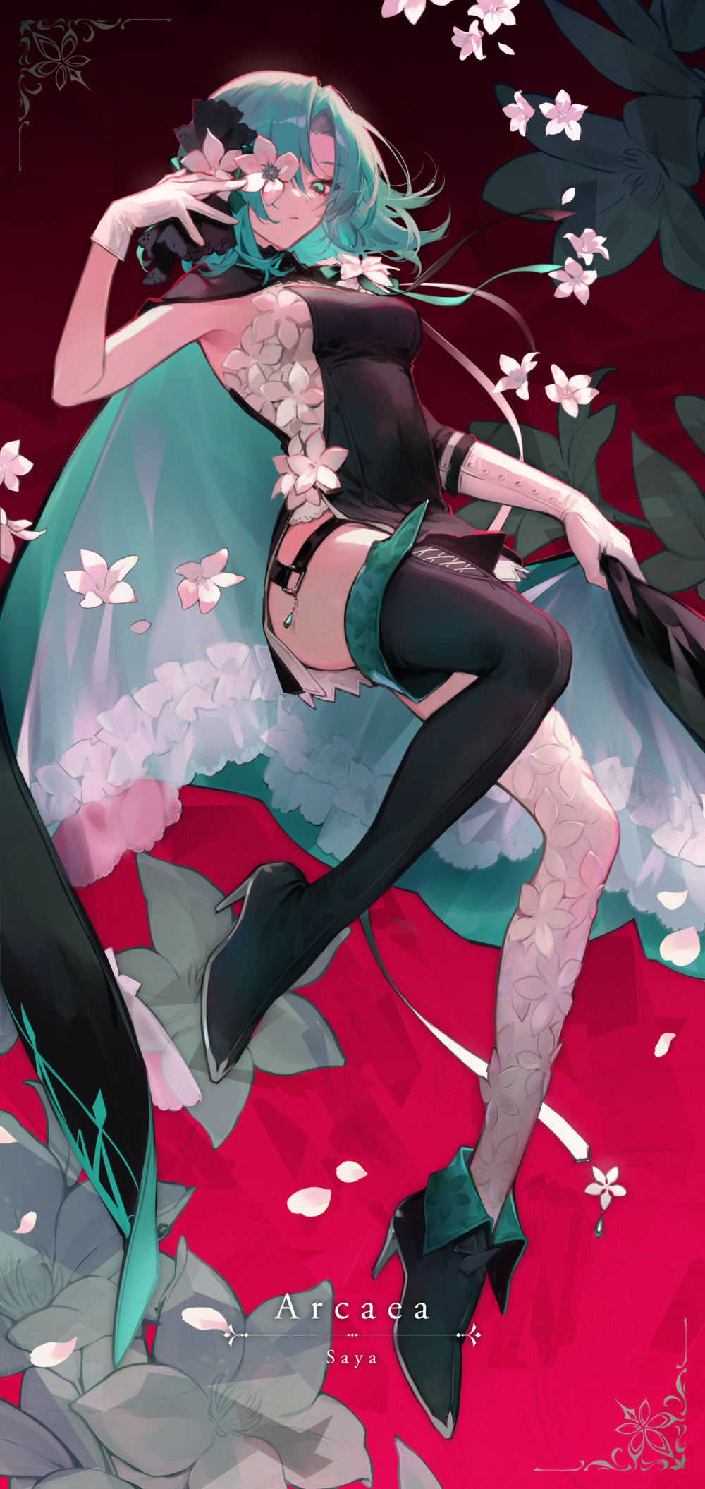 1girl arcaea black_cape breasts cape character_name commentary copyright_name expressionless flower full_body gloves glowing glowing_eyes gradient_background green_eyes green_hair highres looking_at_viewer pink_background saya_(arcaea) short_hair solo suzunashi thighhighs white_flower white_gloves