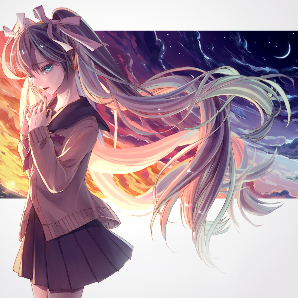 1girl aqua_eyes bad_id cloud crescent_moon female_focus green_hair hair_ribbon hatsune_miku koyoru-f long_hair moon ribbon skirt solo sunset tears twintails very_long_hair vocaloid