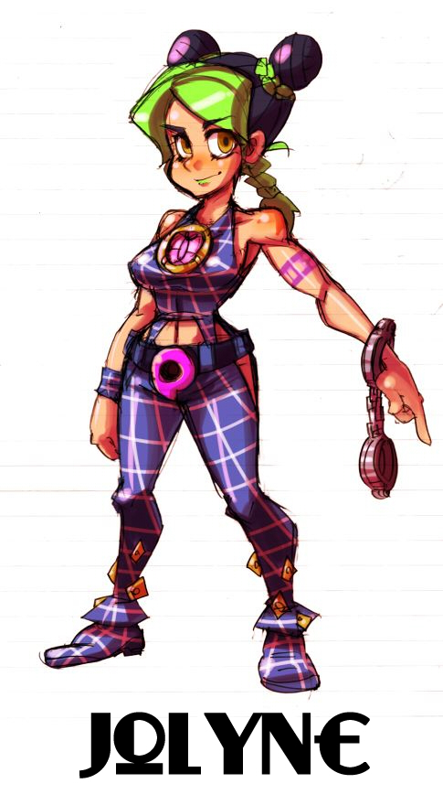 1girl alex_ahad_(style) bad_id bad_pixiv_id bare_shoulders belt bodysuit braid breasts character_name clothing_cutout cuffs double_bun female_focus green_hair green_lips hair_bun handcuffs jojo_no_kimyou_na_bouken kuujou_jolyne lipstick magatama makeup navel navel_cutout parody plaid shioinu_kemushi single_braid skullgirls solo style_parody tattoo y2k_fashion yellow_eyes