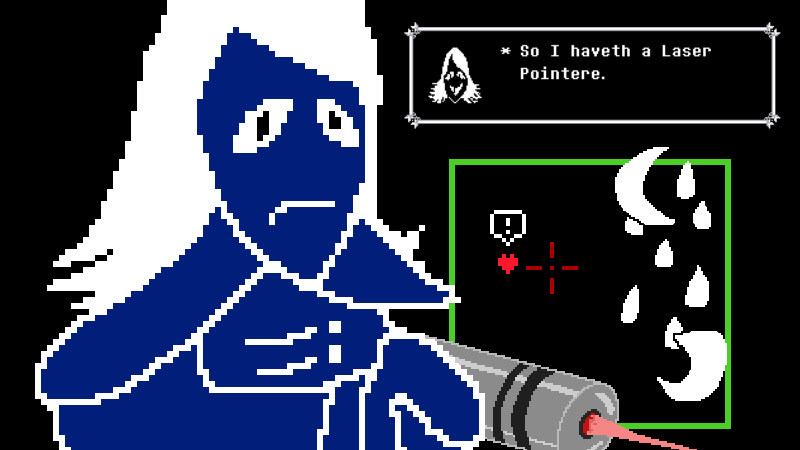 aiming battle crescent_moon deltarune frown heart kris_(deltarune) laser laser_pointer laser_pointer_projection moon non-web_source old_english_text rouxls_kaard water_drop weather