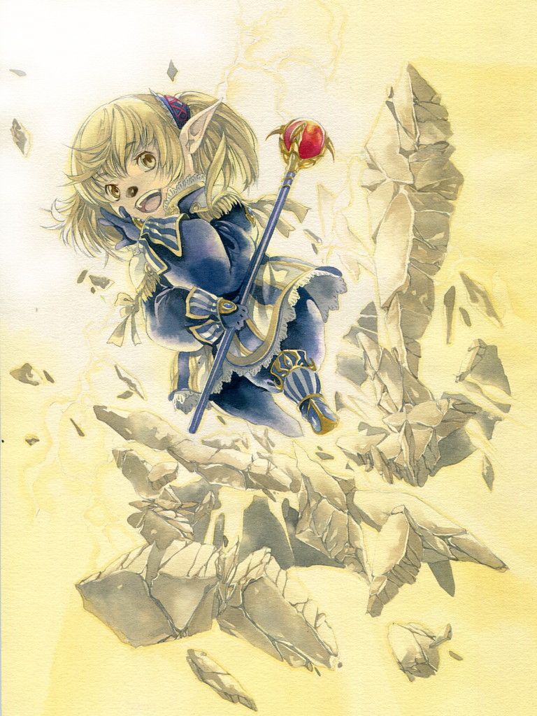 1girl animal_nose blonde_hair blue_boots blue_gloves boots brown_eyes final_fantasy final_fantasy_xi gloves holding holding_staff issun_boushi_(ilmtkimoti) open_mouth pointy_ears puffy_sleeves rock shantotto short_hair solo staff tarutaru teeth traditional_media twintails upper_teeth_only