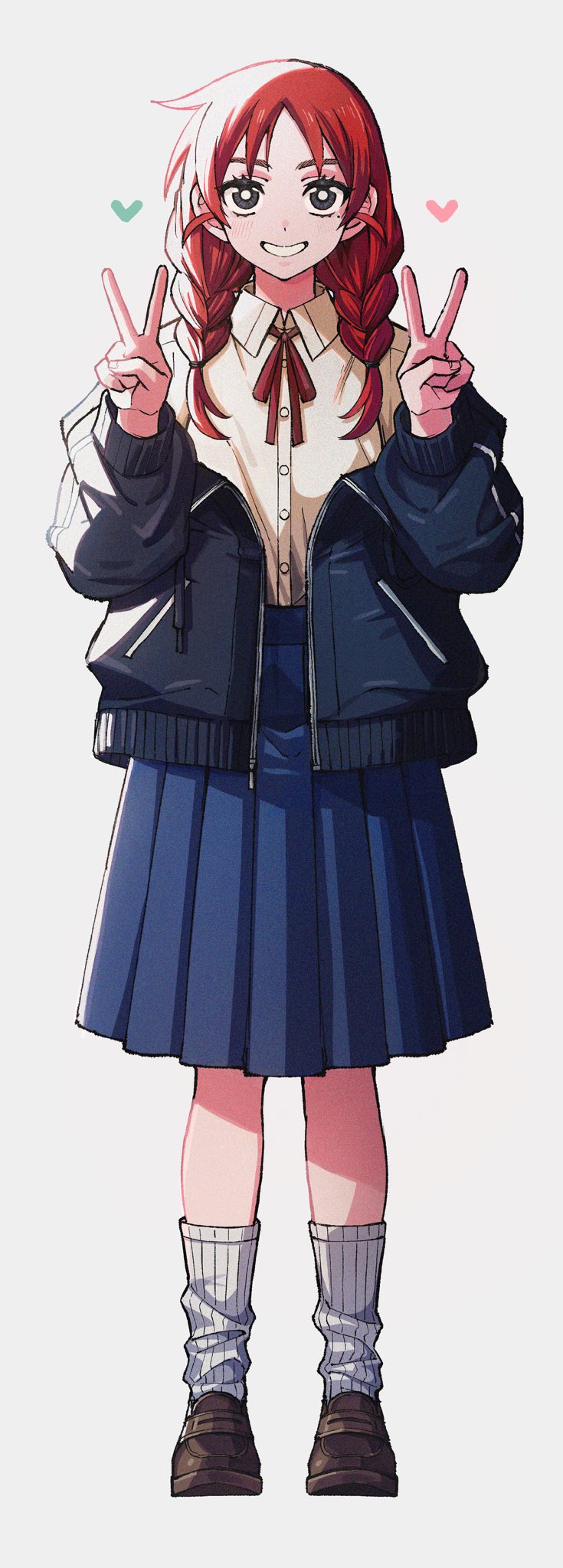 1girl black_eyes black_jacket blue_skirt braid bright_pupils brown_shoes collared_shirt commentary double_v dress_shirt film_grain full_body futsuu_no_keion-bu heart highres jacket jose_(unknownshuriken) loafers long_hair long_sleeves looking_at_viewer mole mole_under_eye neck_ribbon off_shoulder open_clothes open_jacket parted_bangs pleated_skirt red_hair red_ribbon ribbon school_uniform shirt shirt_tucked_in shoes simple_background skirt smile socks solo standing straight-on twin_braids twintails uchida_momo v white_background white_pupils white_shirt white_socks wing_collar