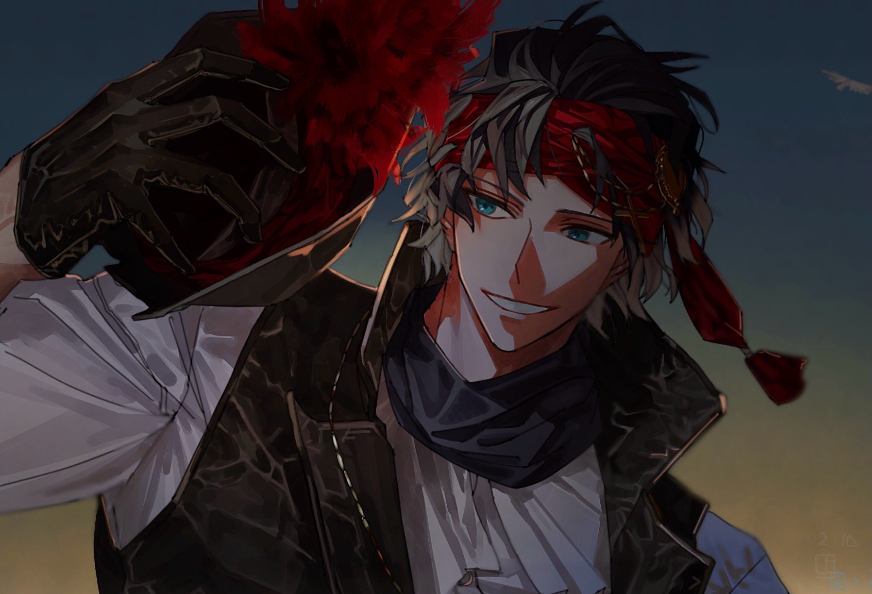 1boy bandana bartholomew_roberts_(fate) bird black_gloves black_hair black_vest blue_eyes collared_vest dark-skinned_male dark_skin ddddd98765 fate/grand_order fate_(series) fur_trim gloves gold_trim gradient_sky hat high_collar highres historical_event holding holding_unworn_clothes holding_unworn_hat looking_to_the_side messy_hair red_bandana shirt short_hair sky smile solo sunlight unworn_hat unworn_headwear vest white_shirt