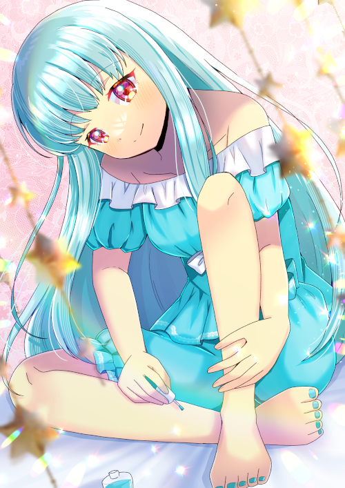 1girl applying_pedicure barefoot blue_hair blue_shirt blue_shorts blurry blurry_foreground closed_mouth collarbone commentary_request commission depth_of_field fire_emblem fire_emblem:_the_blazing_blade frilled_shirt frills knee_up kou_hiyoyo long_hair ninian_(fire_emblem) nintendo off-shoulder_shirt off_shoulder painting_toenails puffy_short_sleeves puffy_sleeves red_eyes shirt short_sleeves shorts sitting skeb_commission smile solo star_(symbol) very_long_hair