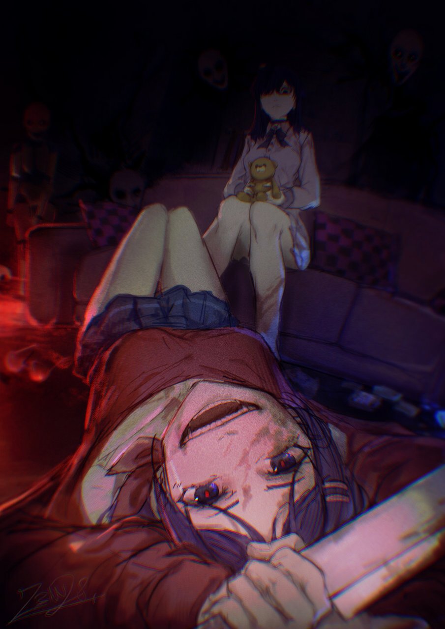 3girls blood blood_on_face blue_skirt breasts commentary couch crazy_mita_(miside) crazy_smile creepy_mita_(miside) dummy_mita_(miside) hair_ornament hair_over_one_eye hairclip highres holding holding_knife holding_toy indoors knife long_hair long_sleeves looking_at_viewer lying medium_breasts miside missing_texture_(source) mita_(miside) multiple_girls on_back on_couch on_ground open_mouth pillow pleated_skirt purple_eyes purple_hair red_pupils signature skirt smile stuffed_animal stuffed_toy teddy_bear toy z3nn28