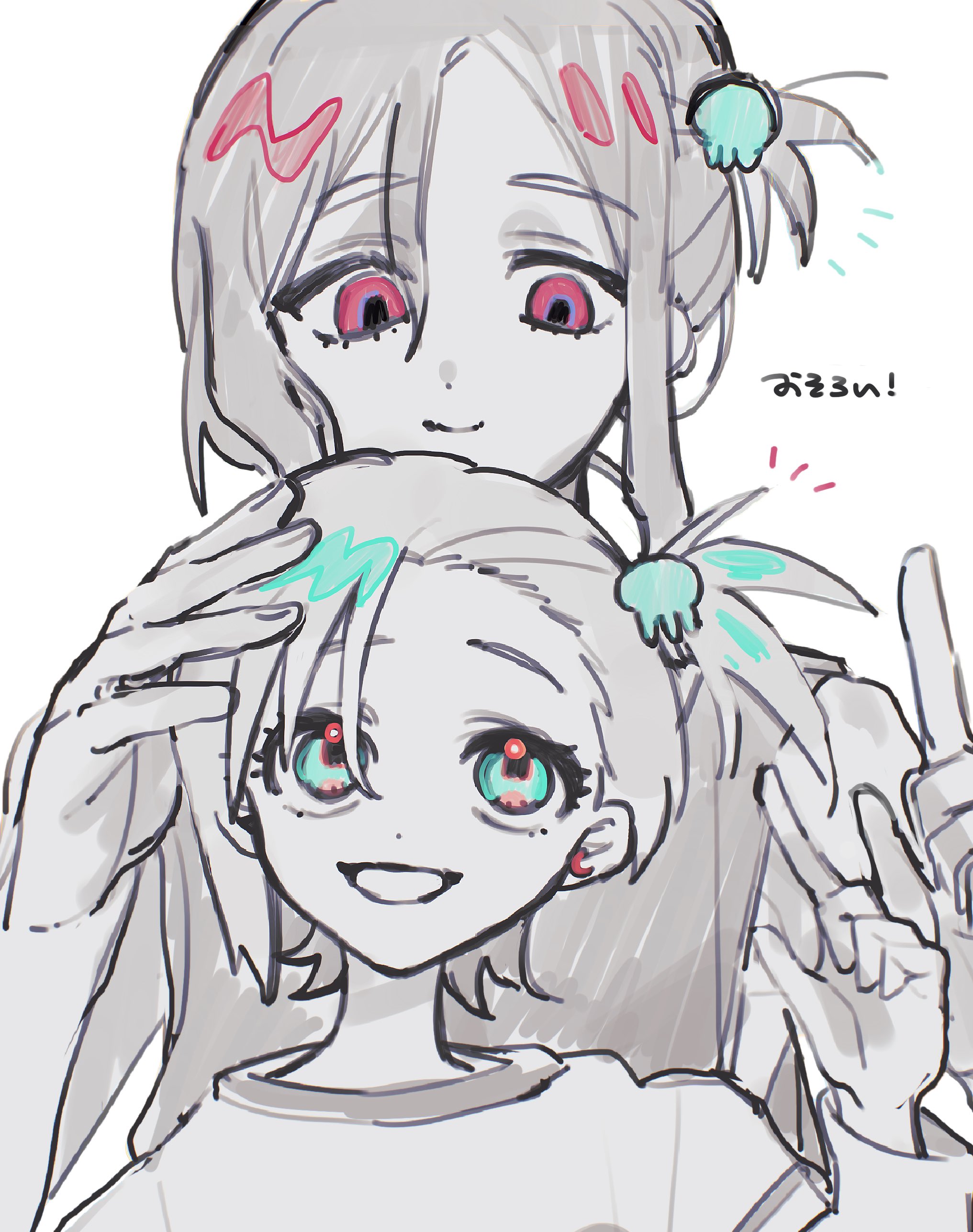 1boy 1girl absurdres amate_yuzuriha aqua_eyes commentary greyscale gundam gundam_gquuuuuux hair_ornament highres matching_hairstyle monochrome one_side_up open_mouth red_eyes shirt short_hair shuji_ito simple_background smile spot_color upper_body uwzk_01 white_background