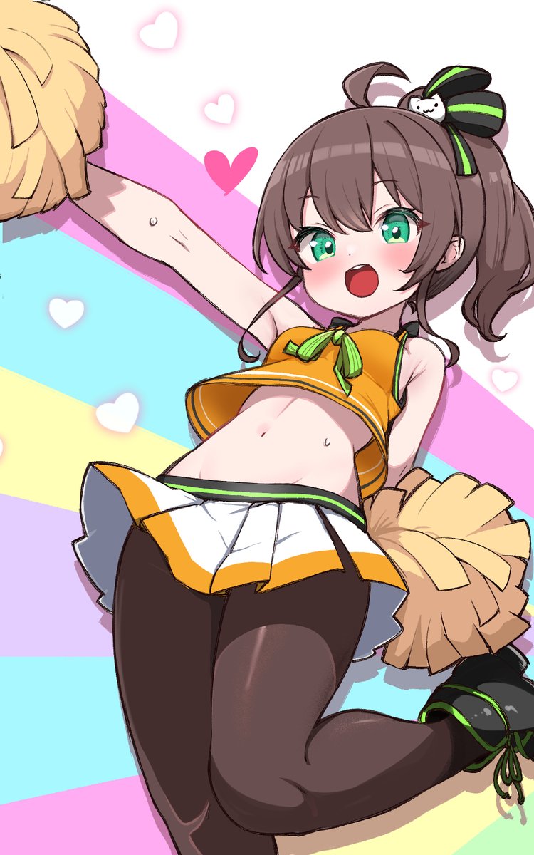 1girl :d adapted_costume ahoge arm_behind_back blush breasts brown_hair brown_pantyhose cat_hair_ornament cheerleader commentary_request cowboy_shot green_eyes green_ribbon hair_ornament heart heart_background highres hololive kani_bonara long_hair natsuiro_matsuri natsuiro_matsuri_(1st_costume) navel neck_ribbon open_mouth pantyhose pleated_skirt pom_pom_(cheerleading) ribbon side_ponytail skirt small_breasts smile solo standing standing_on_one_leg stomach two-tone_skirt virtual_youtuber