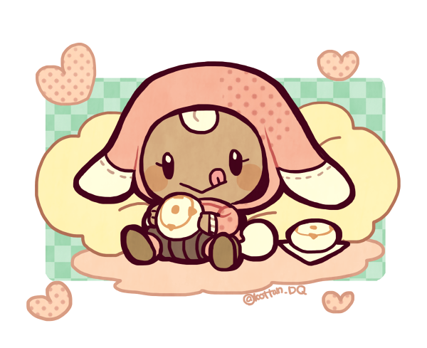 1girl animal_ears black_eyes blush_stickers border bright_pupils brown_footwear chibi chibi_only dark-skinned_female dark_skin dragon_quest dragon_quest_x food full_body heart holding holding_food hood hood_up hooded_jacket jacket kotorai licking_lips lop_rabbit_ears pillow pink_jacket puklipo rabbit_ears sitting solo tongue tongue_out twitter_username white_border white_pupils