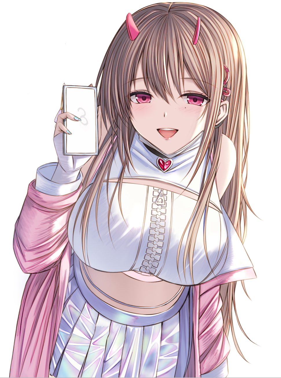 1girl :d bare_shoulders black_collar blonde_hair breasts cellphone choker collar crop_top elbow_gloves fingerless_gloves gloves goddess_of_victory:_nikke hair_intakes heart_collar highres holding holding_phone holographic_clothing horns jacket kanpyou_(hghgkenfany) large_breasts leaning_forward long_hair mask mask_pull mole mole_under_eye mouth_mask nail_polish off-shoulder_jacket off_shoulder open_mouth phone pink_horns pink_jacket pleated_skirt red_eyes skirt smartphone smile solo viper_(nikke) white_mask white_skirt zipper zipper_pull_tab
