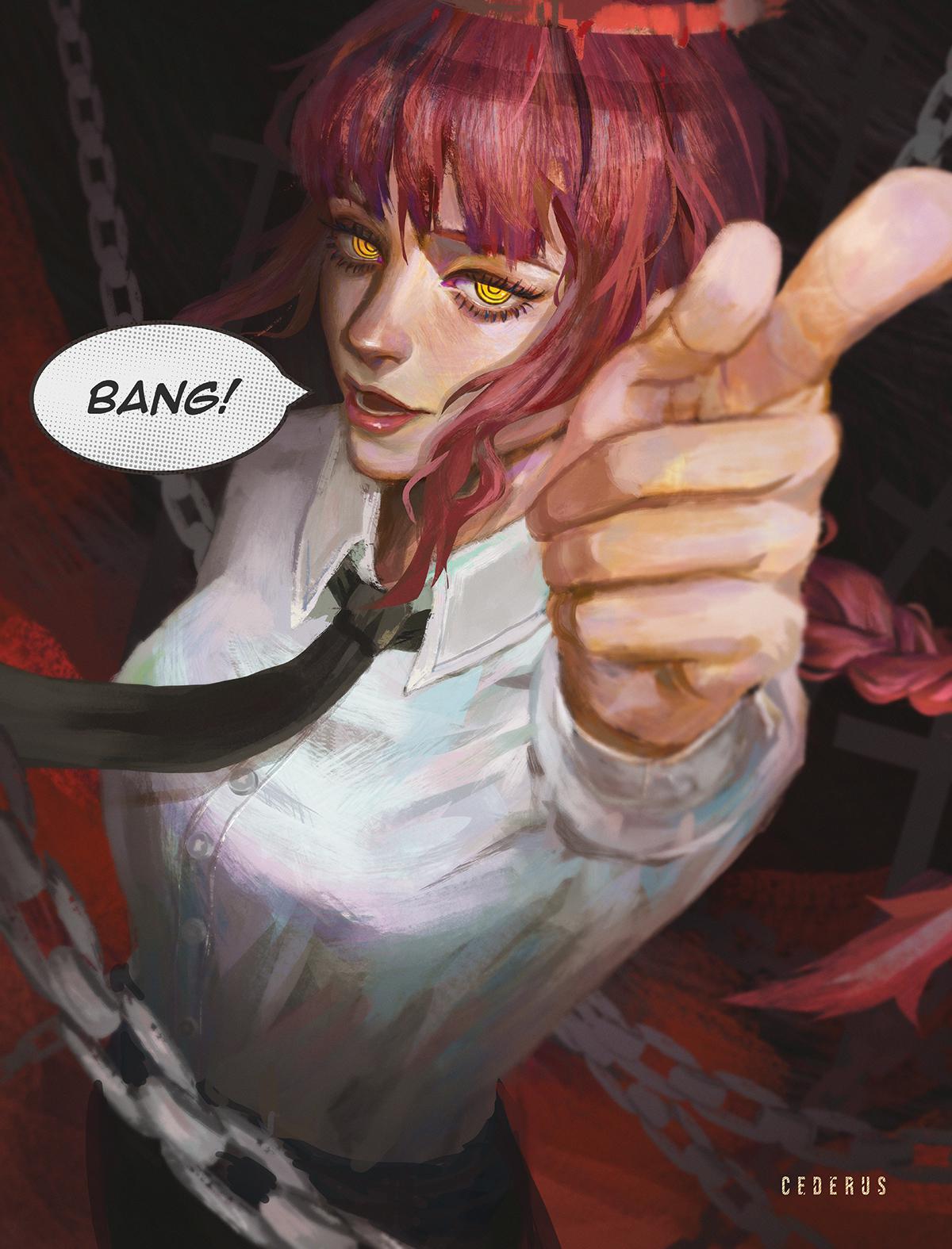 1girl artist_name bang_(gesture) black_necktie black_pants braid braided_ponytail cederus chain chainsaw_man collared_shirt finger_gun halo highres looking_at_viewer makima_(chainsaw_man) medium_hair necktie open_mouth pants pointing pointing_at_viewer red_halo ringed_eyes shirt shirt_tucked_in sidelocks smile solo speech_bubble white_shirt yellow_eyes
