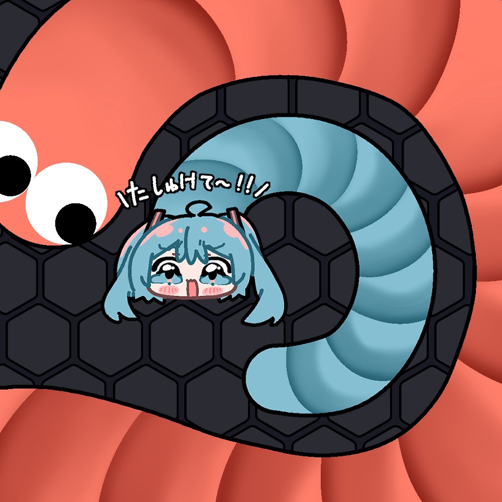 1girl animalization blue_eyes blue_hair blush crying hair_ornament hatsune_miku long_hair open_mouth slither.io slither_(slither.io) solo translation_request twintails vocaloid worm yukkuri_yuduki