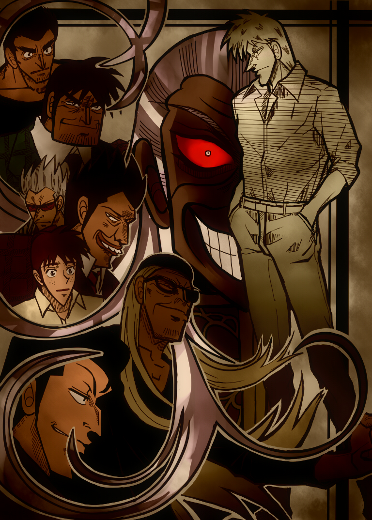 6+boys akagi akagi:_yami_ni_oritatta_tensai akagi_shigeru bad_id bad_pixiv_id bad_teeth blind doro_in epic evil_grin evil_smile freckles fukumoto_mahjong gb-yom glowing glowing_eyes grin hands_in_pockets hirayama_yukio ichikawa_(akagi) long_hair male_focus multiple_boys nangou_(akagi) red_eyes skullcap smile sunglasses urabe_(akagi) uushanten washizu_iwao white_hair yagi_keiji yasuoka
