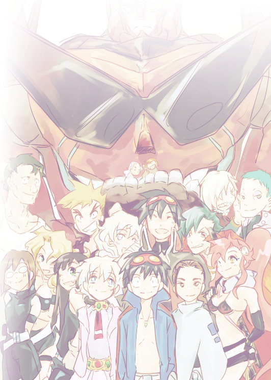 00s 6+boys 6+girls darry_adai dayakka dual_persona everyone gimmy_adai gurren-lagann kamina_(ttgl) kinon_bachika kittan_bachika kiyal_bachika kiyoh_bachika leeron_littner mecha multiple_boys multiple_girls nia_teppelin robot rossiu_adai simon_(ttgl) smile soyoking sunglasses tengen_toppa_gurren_lagann time_paradox viral_(ttgl) yoko_littner