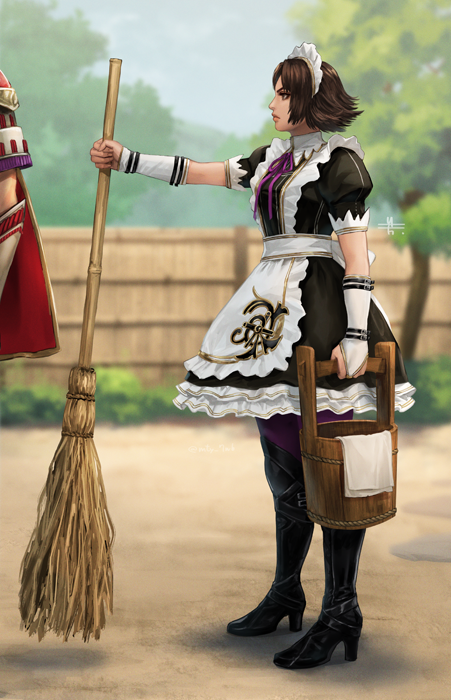 apron armor boots broom brown_eyes brown_hair bucket cape high_heel_boots high_heels husband_and_wife lips lipstick maid maid_apron maid_headdress makeup mitsuya official_alternate_costume pantyhose puffy_short_sleeves puffy_sleeves purple_pantyhose sengoku_musou short_sleeves tachibana_ginchiyo tachibana_muneshige