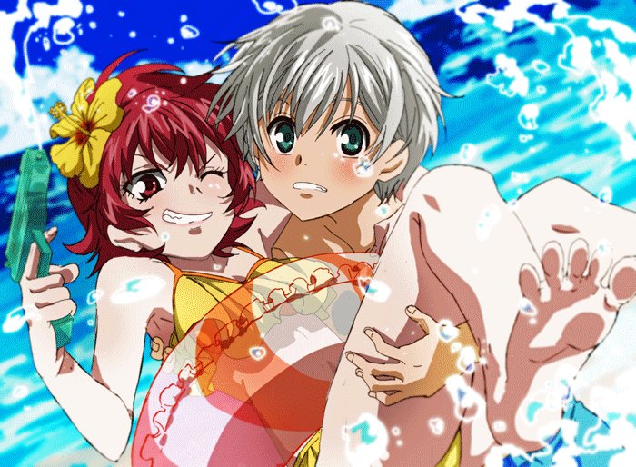 1boy 1girl barefoot flower fumiko_(mesushi) green_eyes hair_flower hair_ornament iria_animi looking_at_viewer ocean one_eye_closed red_eyes red_hair ruca_milda short_hair smile soles swimsuit tales_of_(series) tales_of_innocence very_short_hair water water_gun white_hair