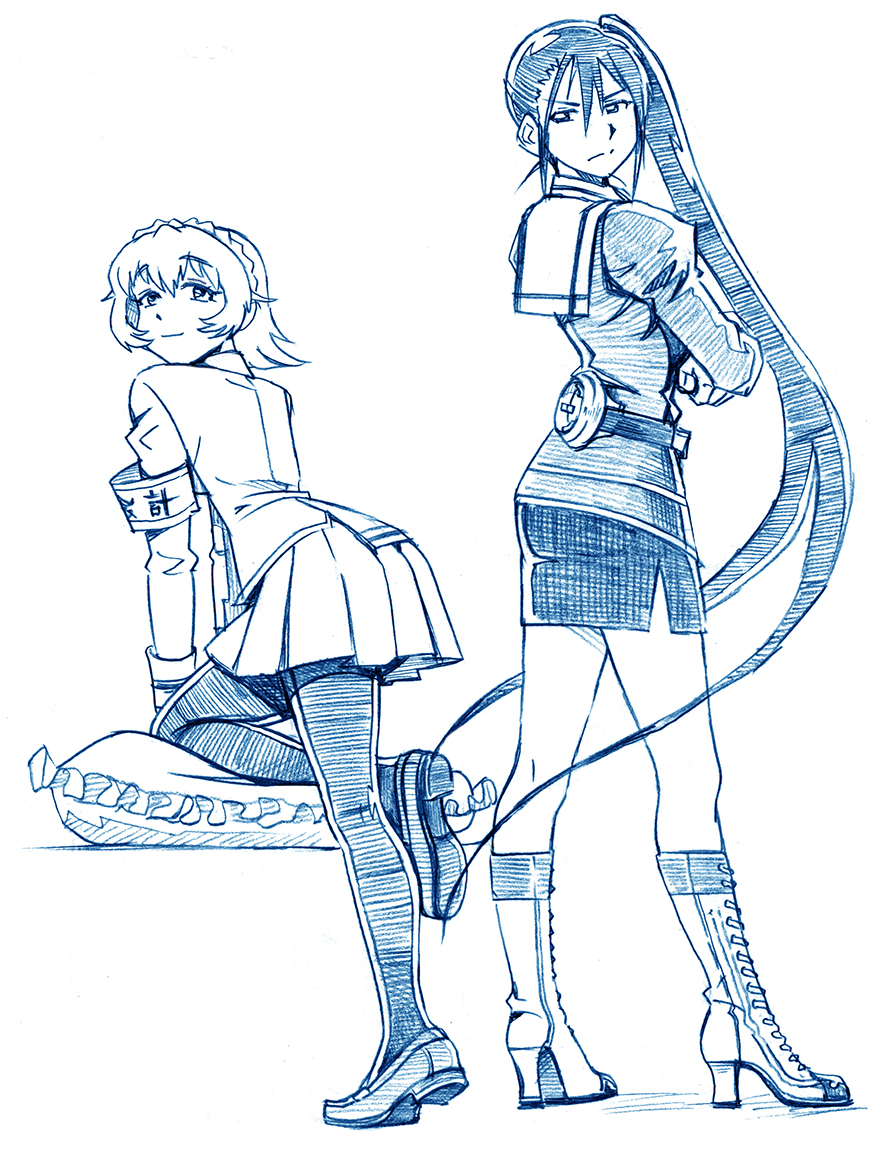 10s 2girls aoki_hagane_no_arpeggio bbb_(friskuser) blue_theme boots crossed_arms crossover from_behind high_heel_boots high_heels kantai_collection lace-up_boots loafers long_hair md5_mismatch monochrome multiple_girls nachi_(aoki_hagane_no_arpeggio) nachi_(kancolle) name_connection pantyhose pillow school_uniform shoes short_hair side_ponytail simple_background very_long_hair white_background