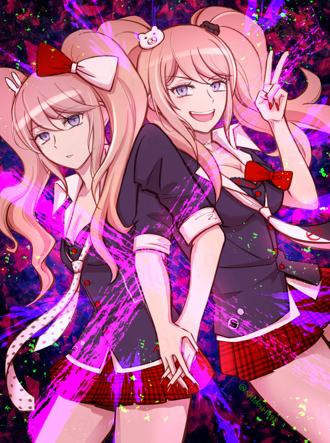 2girls :d bear_hair_ornament black_shirt blonde_hair bow collar collared_shirt commentary_request cosplay danganronpa:_trigger_happy_havoc danganronpa_(series) enoshima_junko enoshima_junko_(cosplay) eyelashes freckles hair_bow hair_ornament holding_hands ikusaba_mukuro long_hair miniskirt multiple_girls nail_polish necktie open_mouth purple_eyes red_bow red_nails red_skirt shidou1998 shirt short_sleeves siblings sisters skirt smile spoilers teeth twintails two-tone_bow upper_teeth_only v white_bow white_collar white_necktie