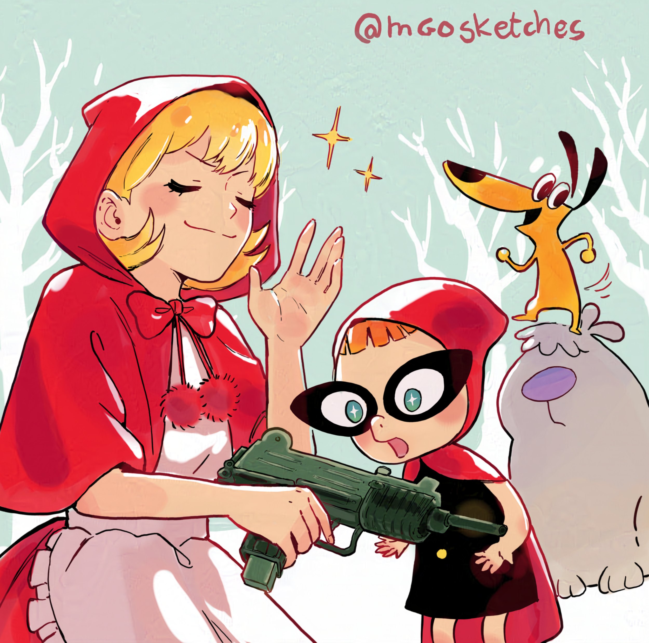 2_stupid_dogs 2girls absurdres animal apron b.b._hood big_dog_(2_stupid_dogs) blonde_hair blue_eyes cape capelet cartoon_network darkstalkers dog dress forest gloves gun highres holding holding_gun holding_weapon hood hood_up little_dog_(2_stupid_dogs) little_red_riding_hood mango_(mgosketches) mask multiple_girls nature open_mouth red_dress red_hood short_hair smile smug sparkle weapon
