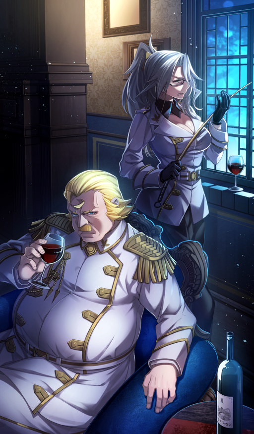 1boy 1girl alcohol belt belt_buckle black_collar black_gloves black_pants blonde_facial_hair blonde_hair blue_eyes bottle breasts buckle buttons celenike_icecolle_yggdmillennia chair cleavage clenched_teeth collar collared_jacket commentary cowlick cup detached_collar double-breasted drink drinking_glass epaulettes facial_hair fat fat_man fate/apocrypha fate/grand_order fate_(series) frown glasses gloves gold_trim gordes_musik_yggdmillennia grey_hair hair_between_eyes hair_slicked_back holding holding_cup holding_riding_crop indoors jacket lapels large_breasts light_particles long_hair long_hair_between_eyes long_sleeves medium_hair mustache notched_lapels official_art ohara_hiroki pants ponytail riding_crop semi-rimless_eyewear shoulder_boards sidelocks sitting standing table teeth third-party_source under-rim_eyewear white_belt white_jacket window wine wine_bottle wine_glass