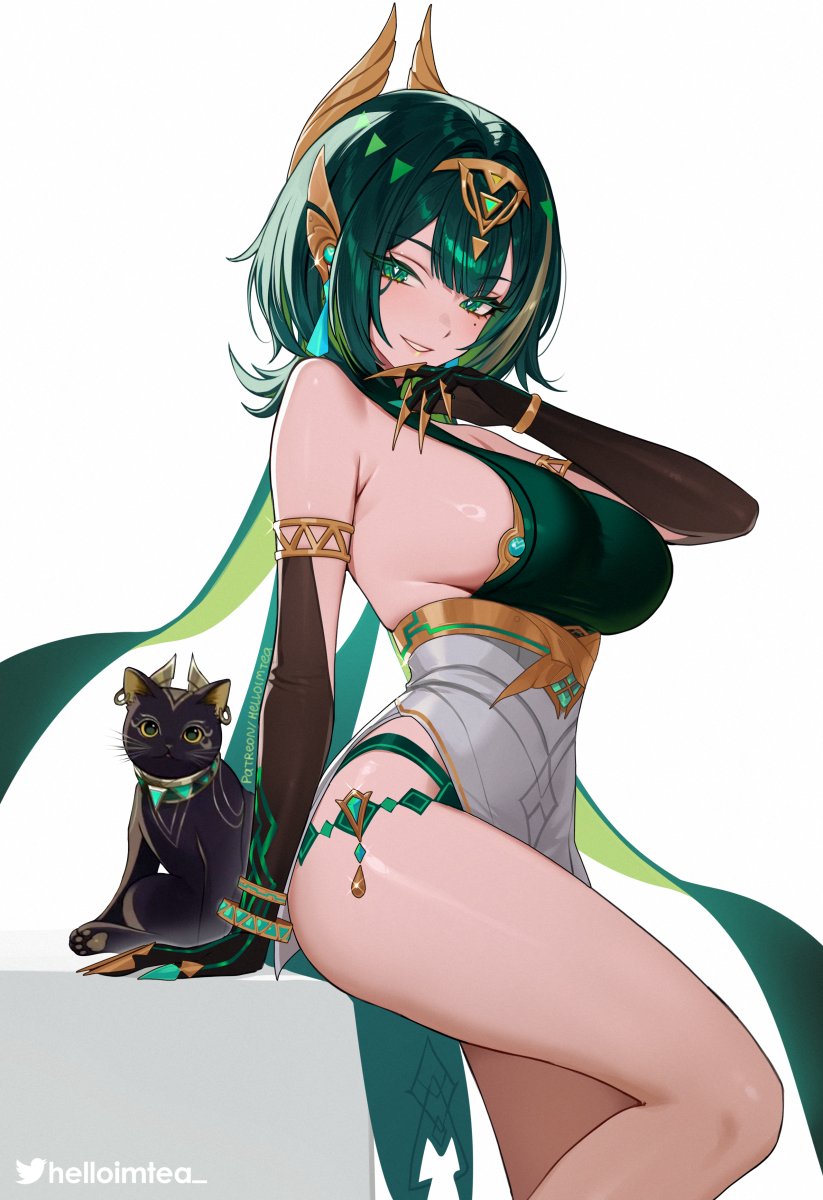 1girl armlet armpit_crease artist_name ashru_(genshin_impact) bare_legs bare_shoulders black_gloves breasts cat commentary dress earpiece elbow_gloves facial_mark fake_claws feet_out_of_frame genshin_impact gloves green_eyes green_hair hand_up headgear helloimtea highres jewelry large_breasts looking_at_viewer mark_under_eye medium_hair mole mole_under_eye nefer_(genshin_impact) paid_reward_available parted_lips patreon_username sideboob simple_background smile solo symbol-shaped_pupils thighs triangle-shaped_pupils white_background